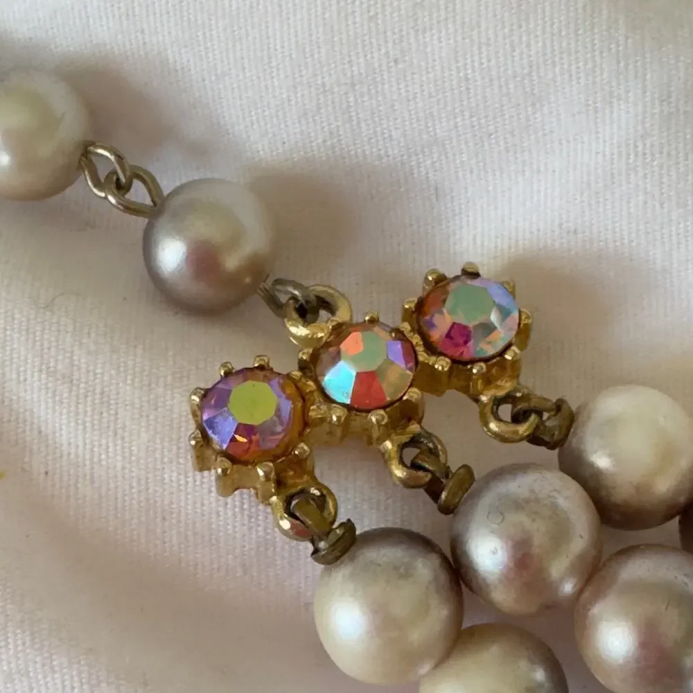 Vintage Baroque Crystal Pearl Triple Strand Citrine Rhinestone 1950s Necklace